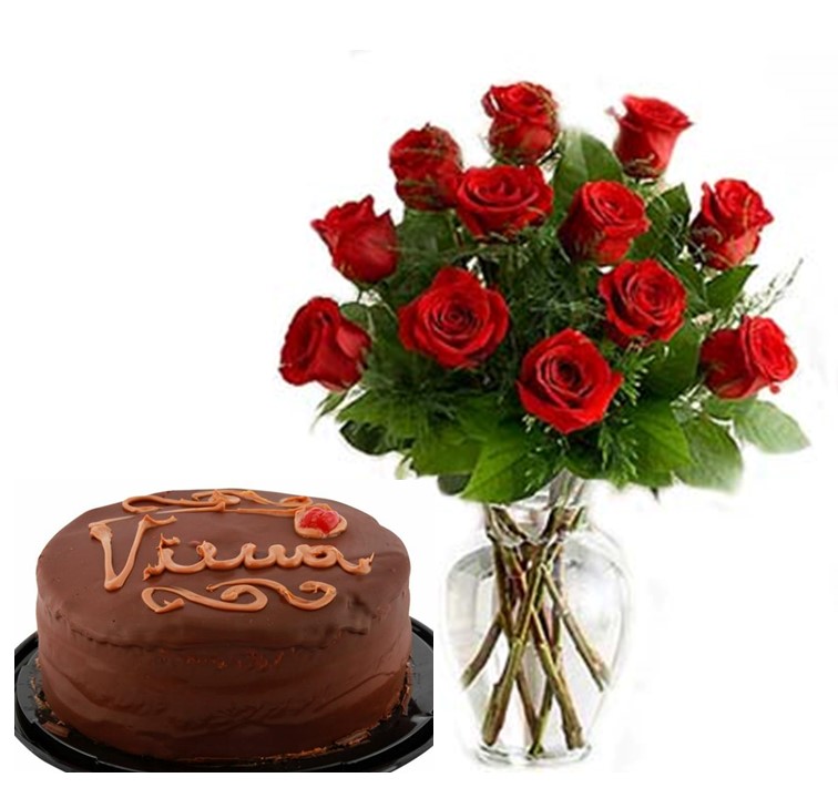 Florero de 12 Rosas m�s Torta del D�a para 15 Personas